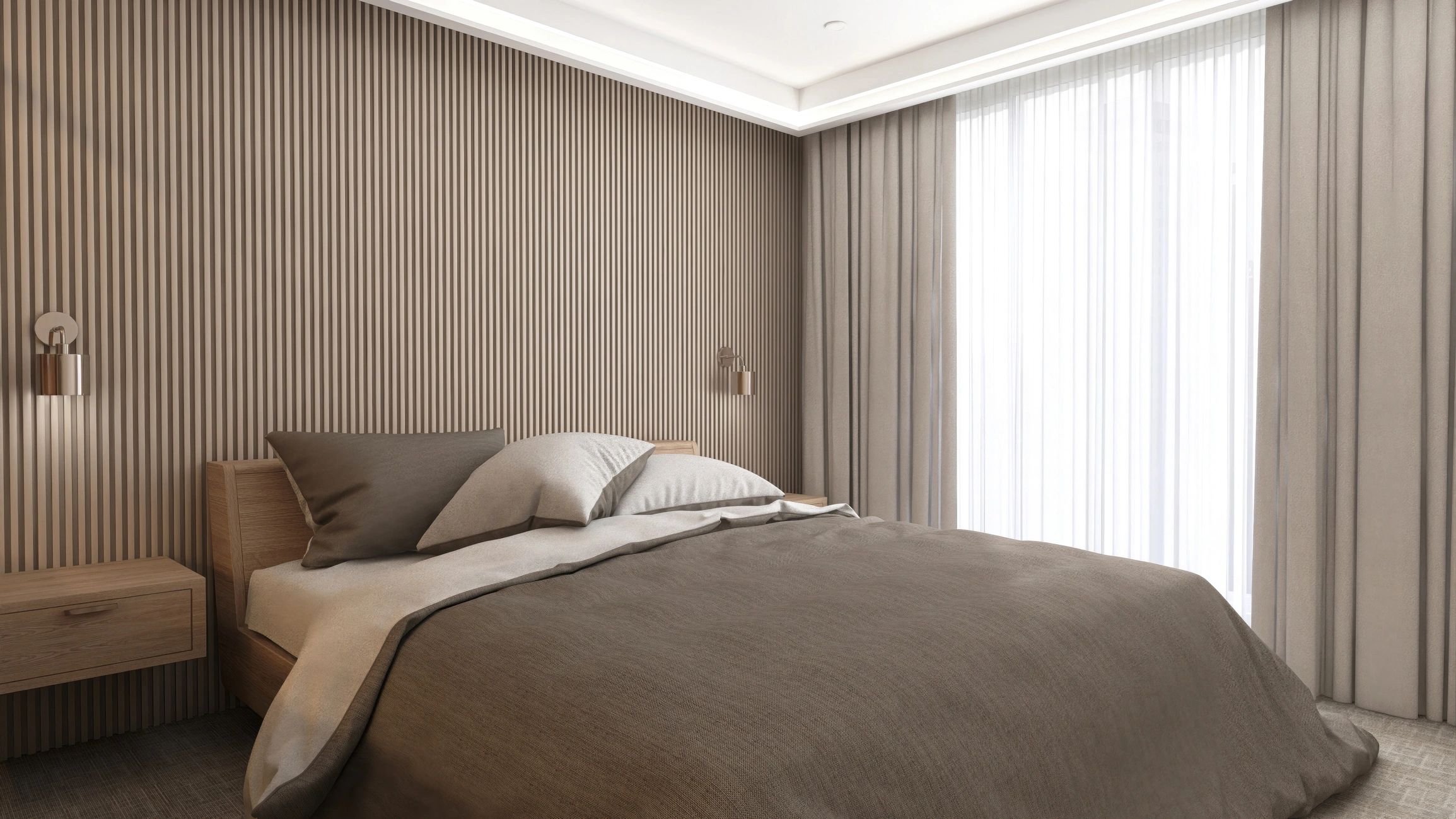 Modern luxury bedroom interior with warm wood finishes