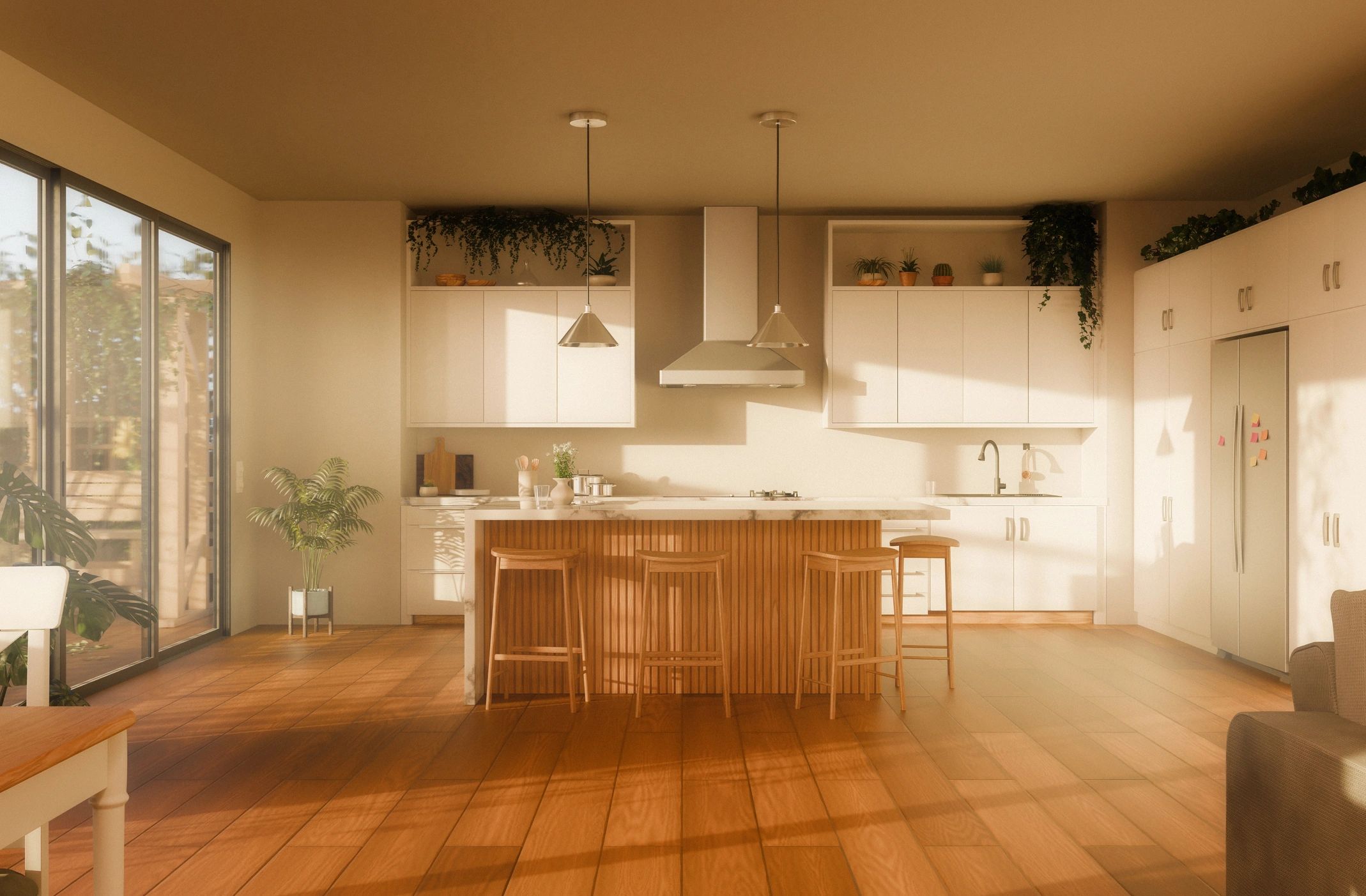 Bright modular kitchen interior with island and white cabinetry