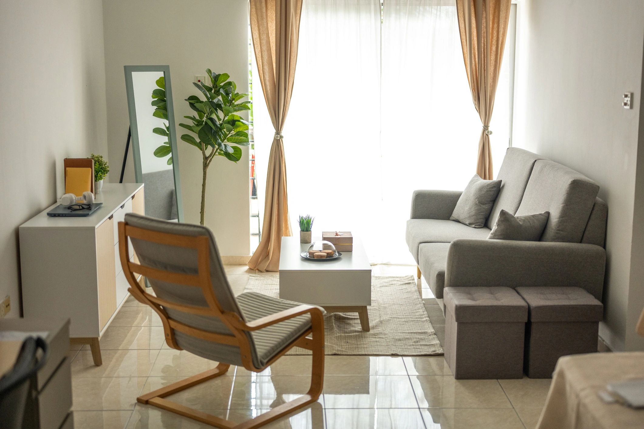 Elegant modern living room interior designed with warm neutral tones