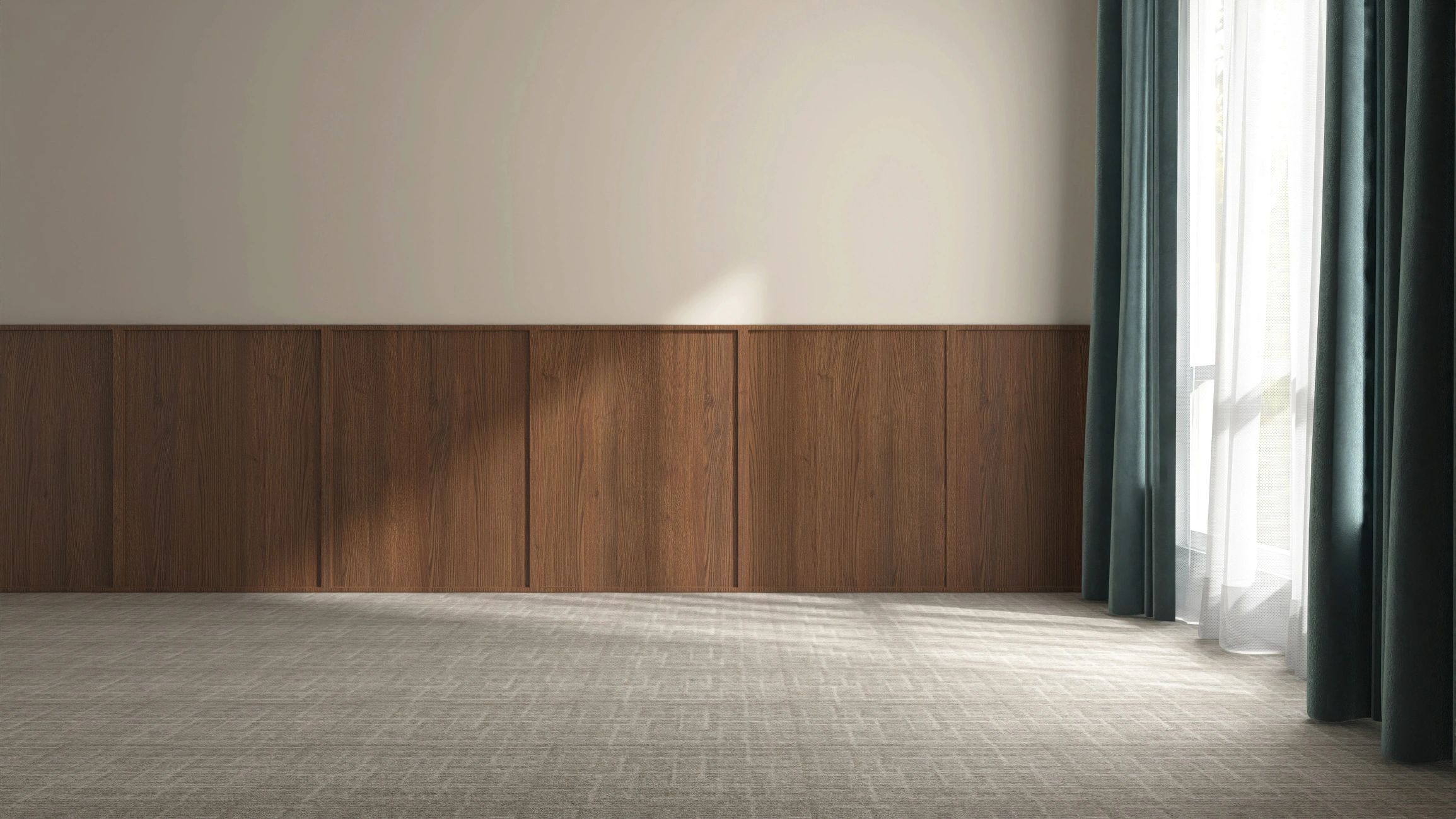 Elegant wardrobe-ready bedroom interior with warm wood wall detailing